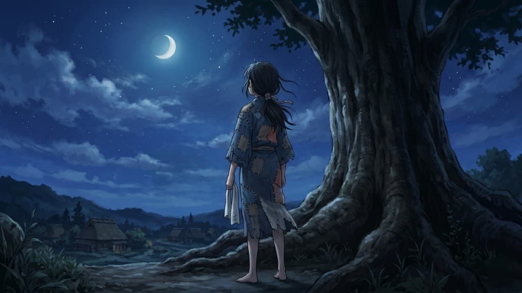 公式ED『青いところ』のキービジュアル。月夜、大樹の下で裸足の少女が村を見下ろすイラスト。